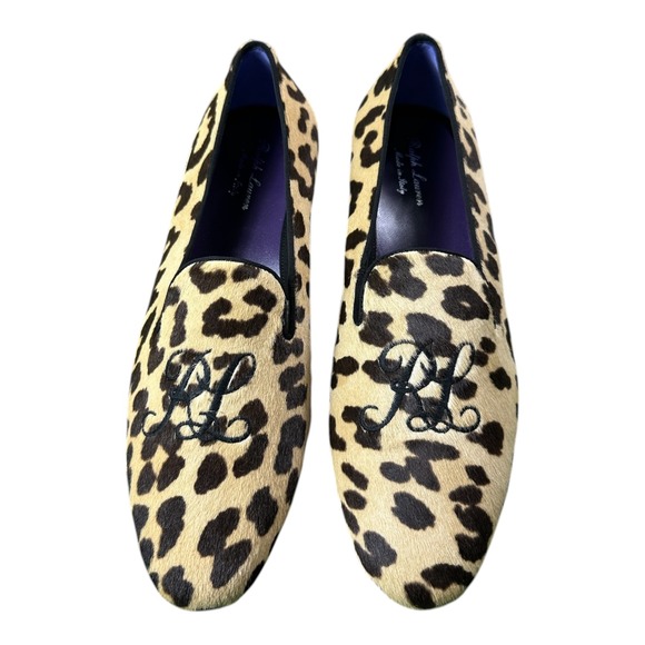 Ralph Lauren Purple Label Men Leopard Calf Hair RL Monogram Slippers Loafer 9D main image 4